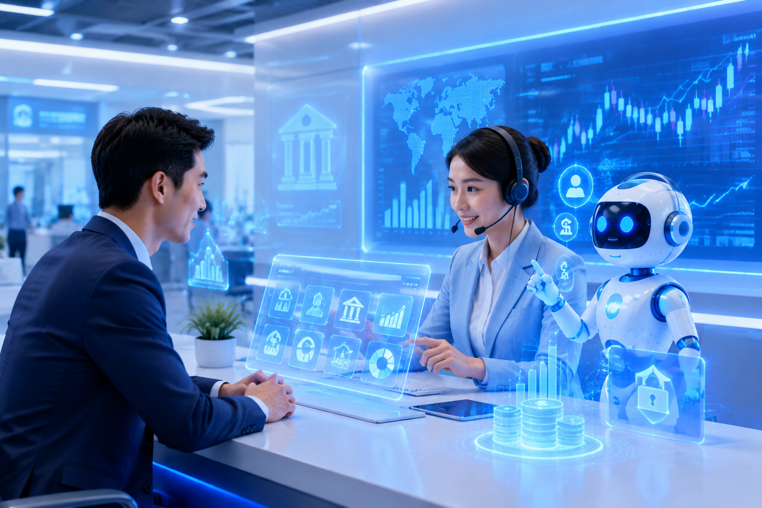 Industry customized AI agent assisting finance customer service with intelligent robot and data visualization